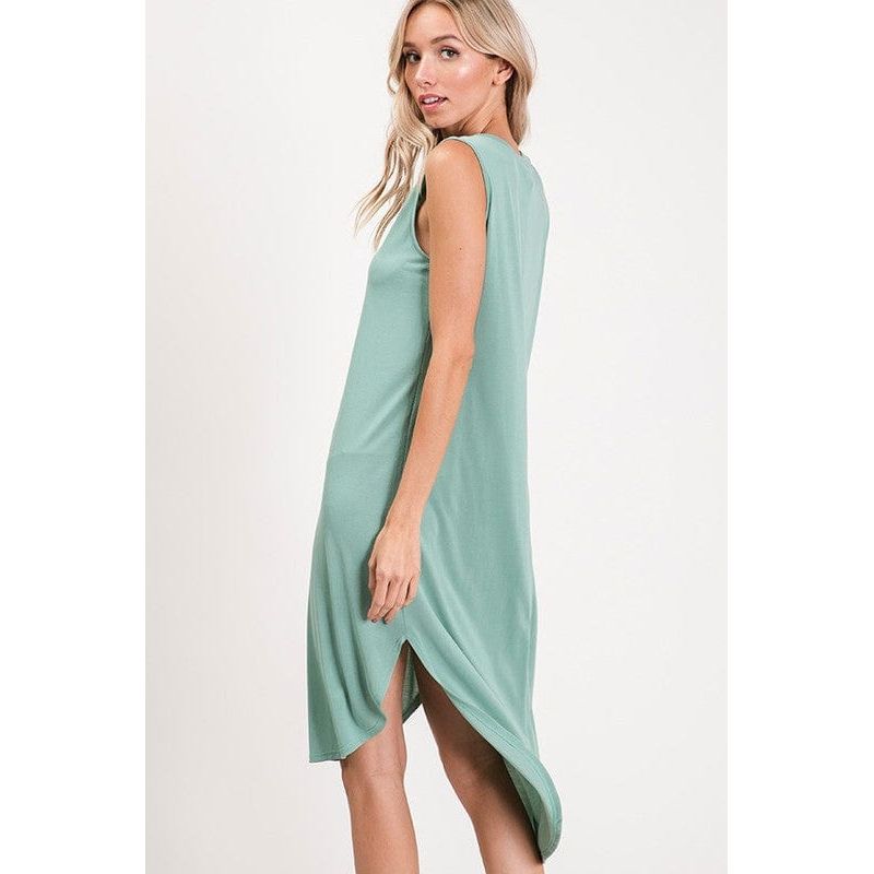 Cupro Round Neck Sleeveless Hi Low Hem Dress.