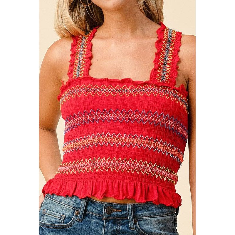Multi-Color Stitch All Over Smocking Tank Top