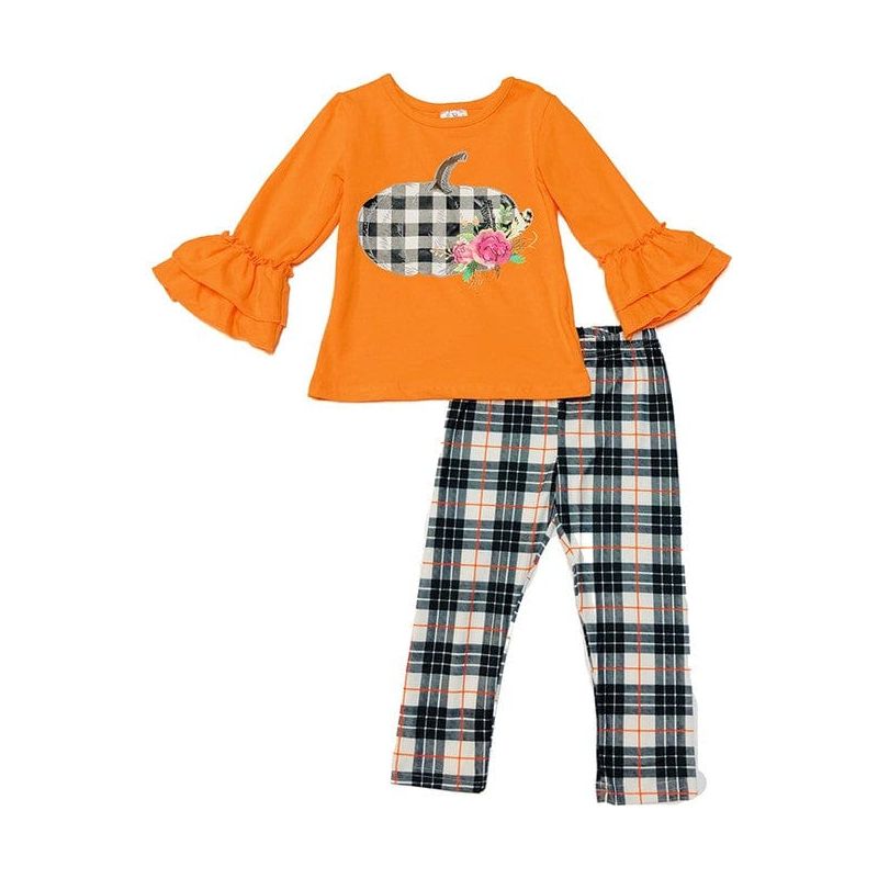 PLAID PUMPKIN APPLIQUE ON ORANGE RUFFLE TOP W/ LEGGINGS MULTI PRINTED STRIPE .