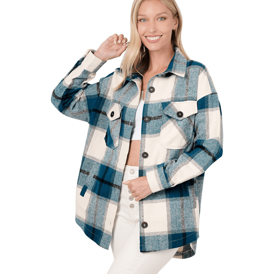 Oversized Yarn Dyed Plaid Shacket With Pockets