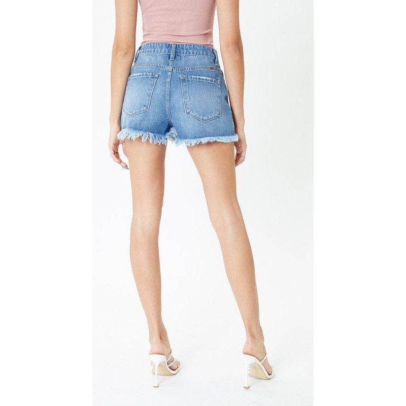 High rise medium wash frayed hem shorts- kc7259mn