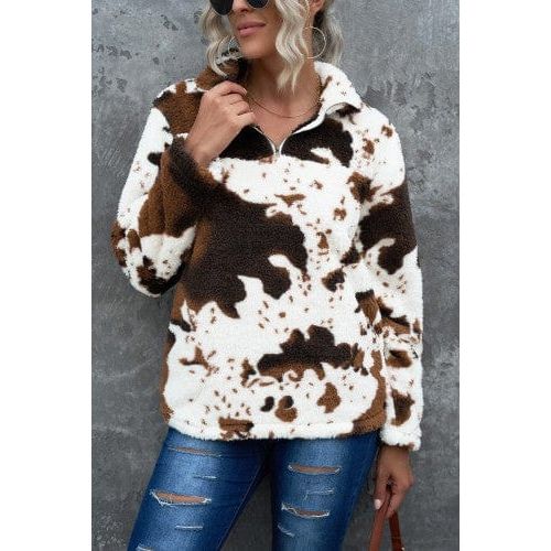 Zip collar cow print fleece sweatshirt