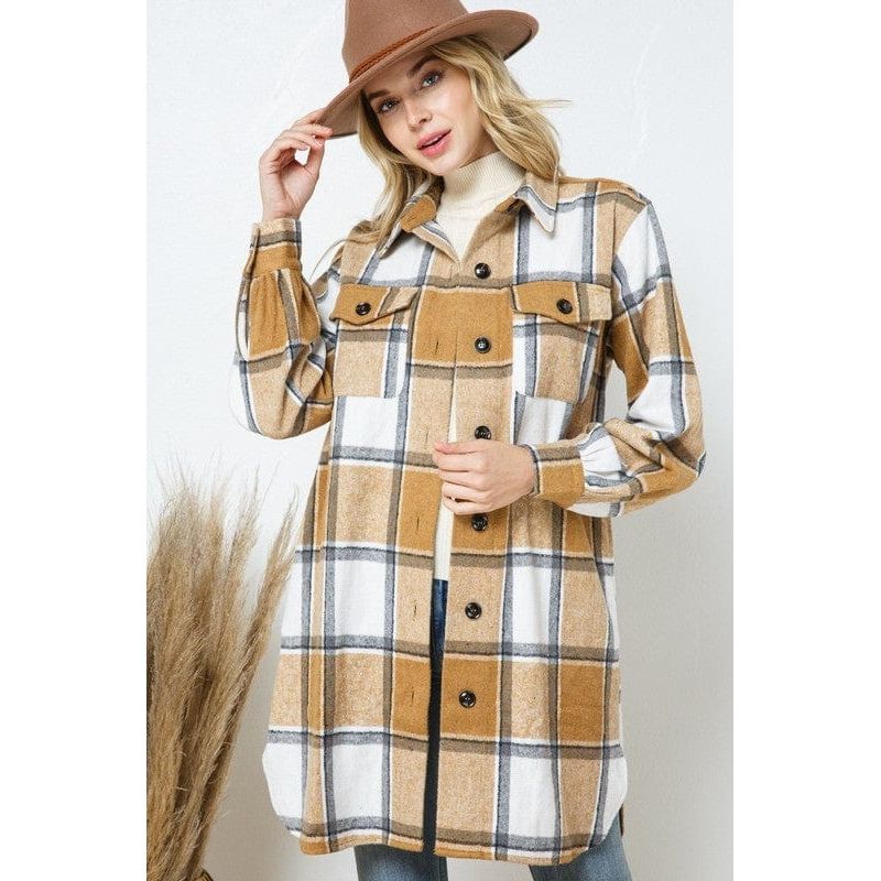 Plaid button up knee length long shirt jacket