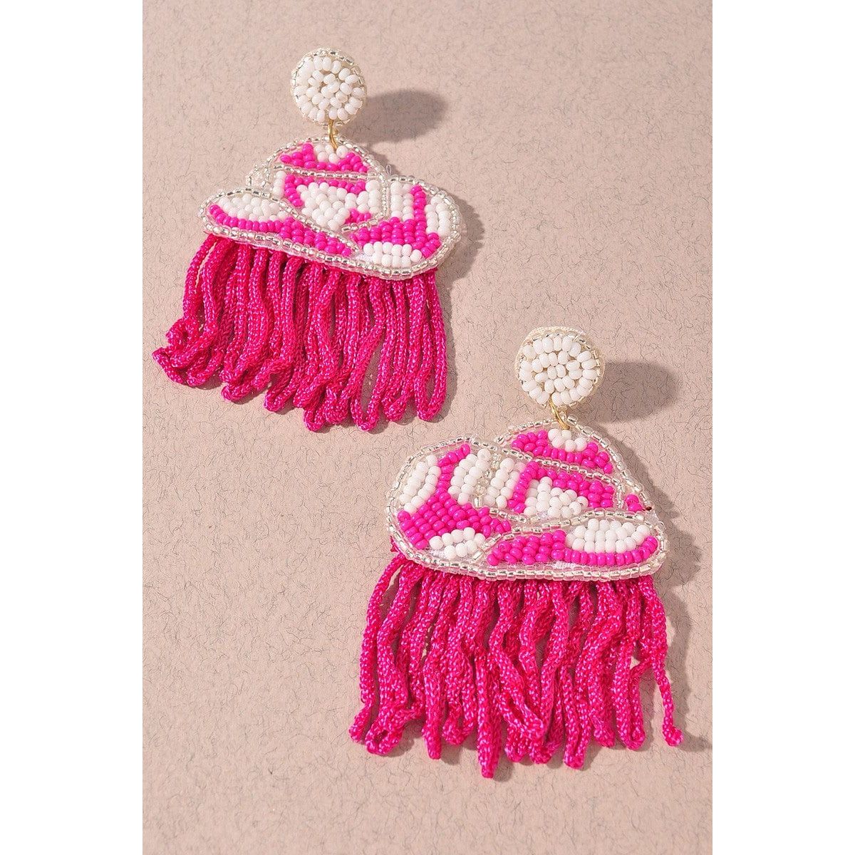 Seed Bead Rodeo Western Hat Tassel Dangle Earrings