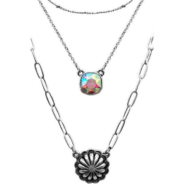 Western Concho Flower Rhinestone Layered Necklace