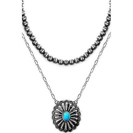 Western Concho TQ Flower Navajo Pearl Necklace