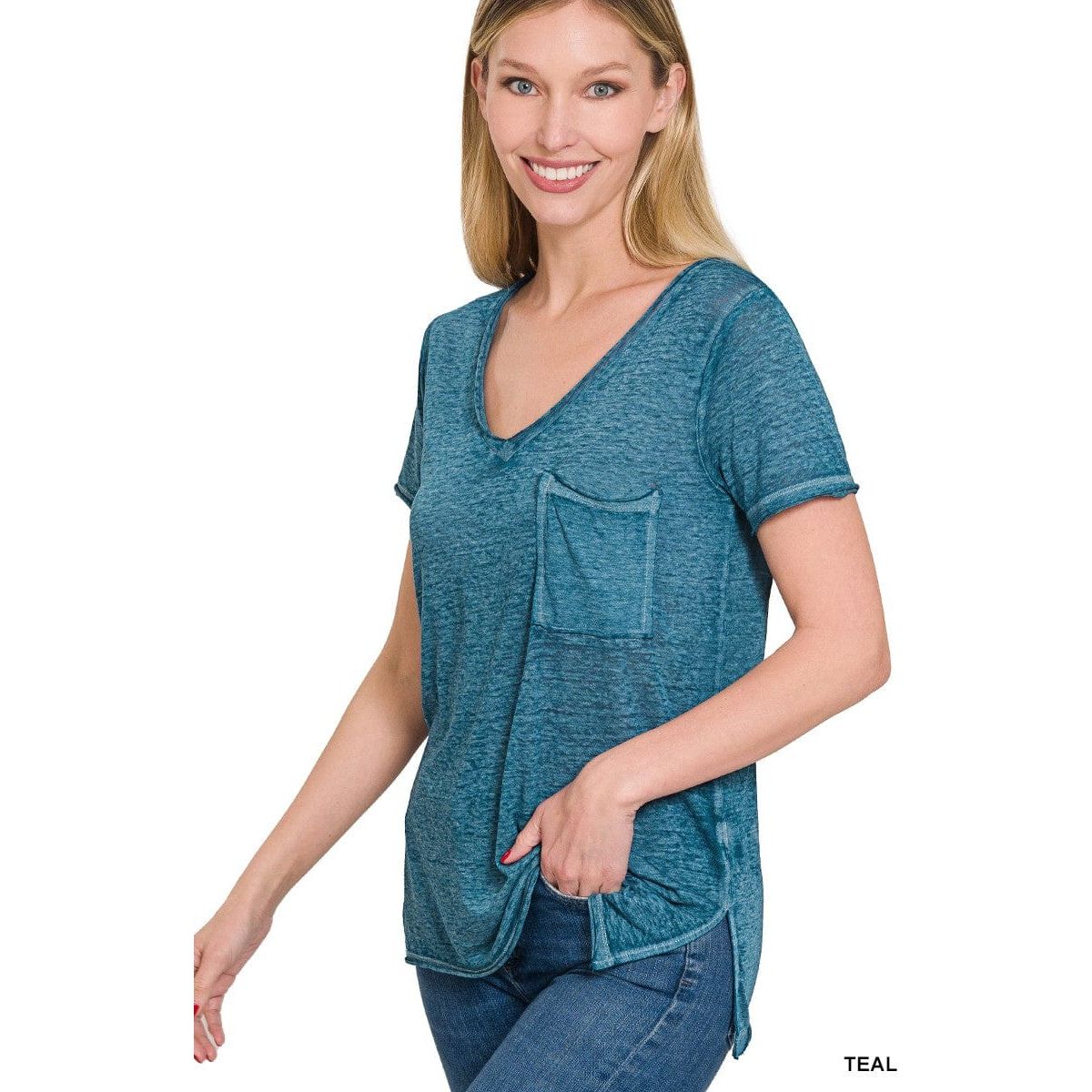 Washed Melange Burnout Scoop V-neck Top