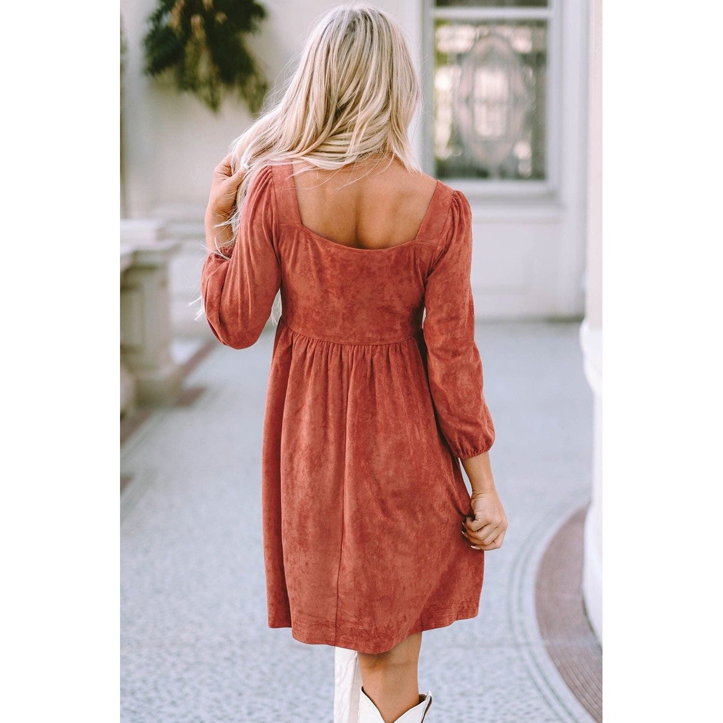 Suede Square Neck Puff Sleeve Dress