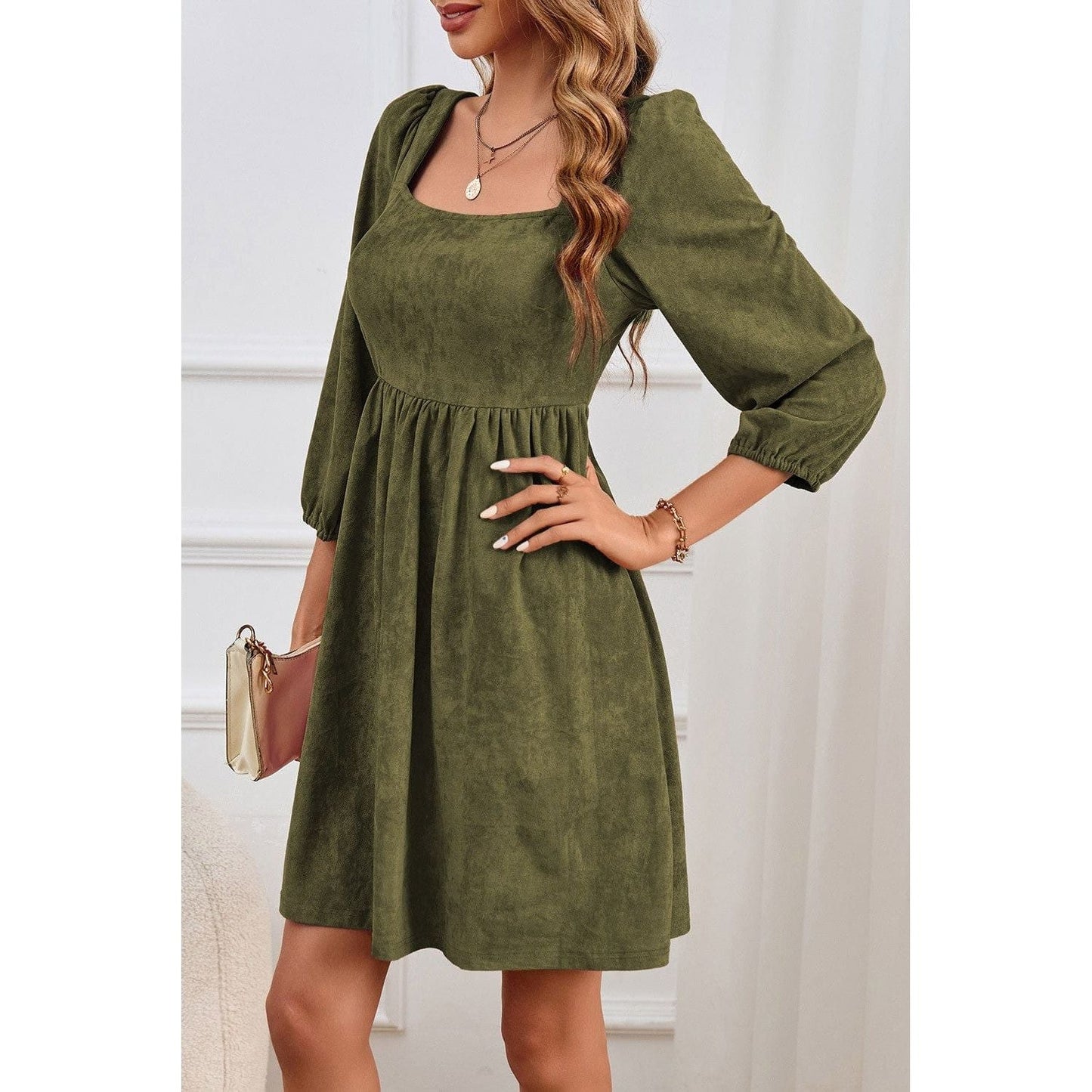 Suede Square Neck Puff Sleeve Dress