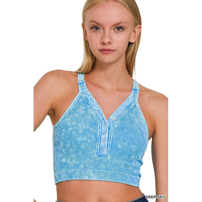 Washed Ribbed Cropped Button V-neck Tank Top