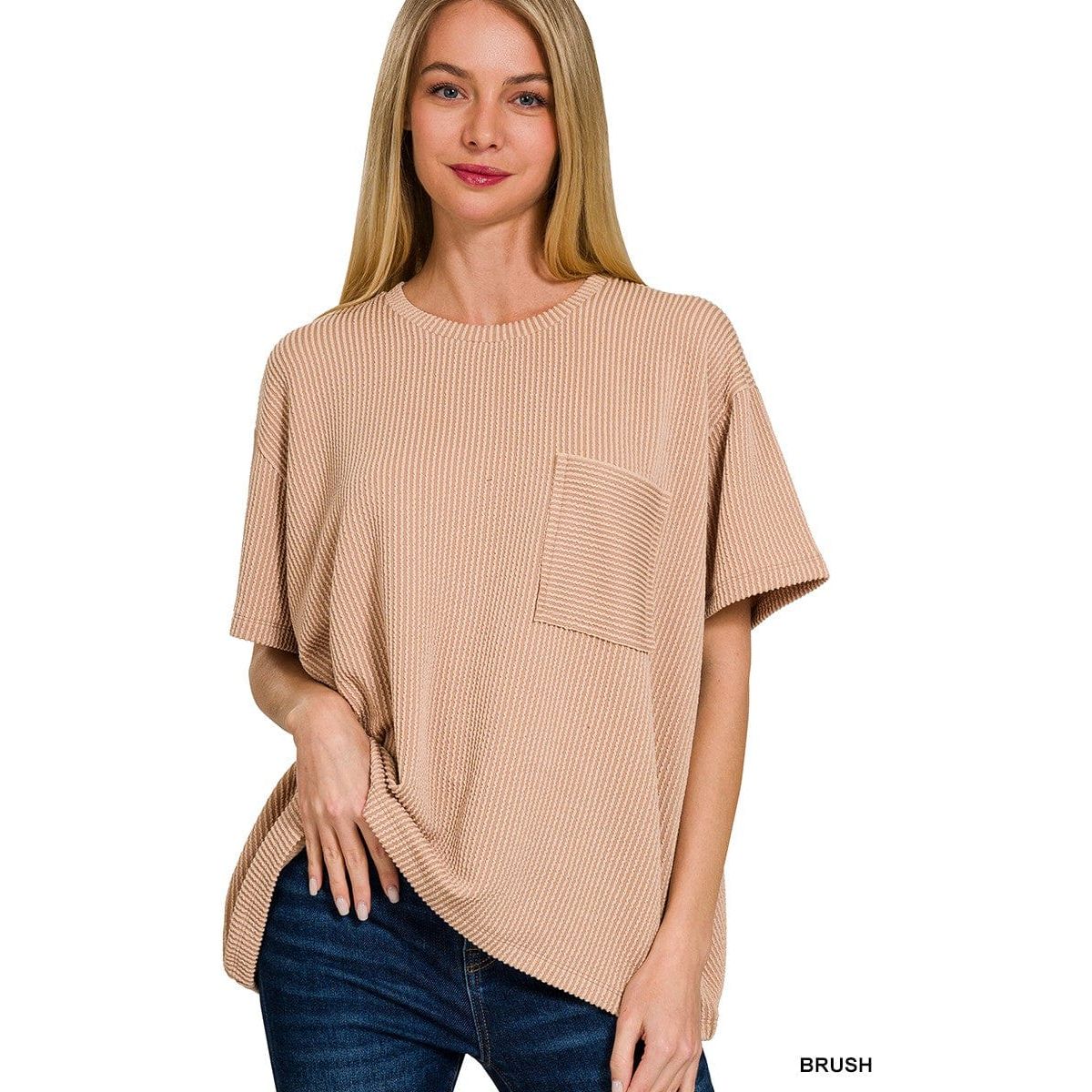 Corded Rib Short Sleeve Front Pocket Top