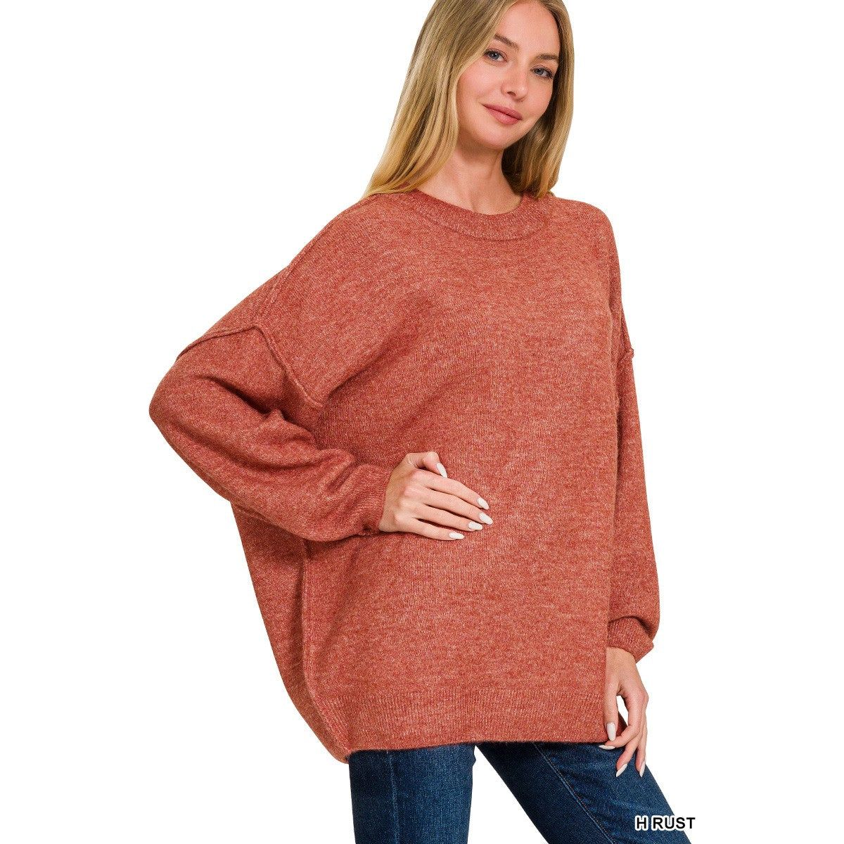 Oversized Round Neck Raw Seam Melange Sweater