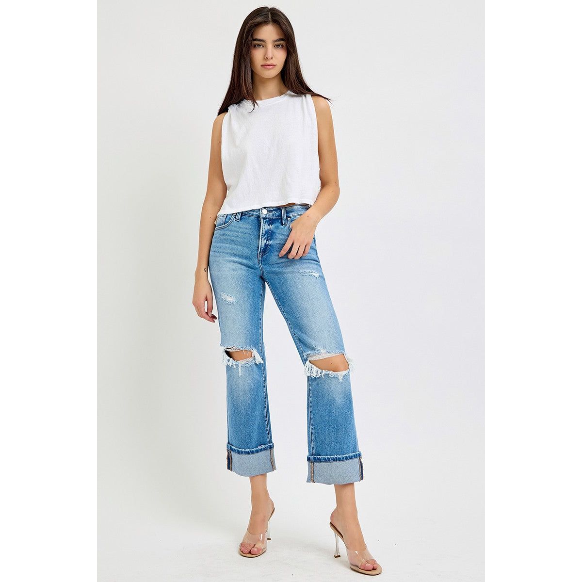 Tummy Control Mid Rise Crop Straight Cuffed Jeans