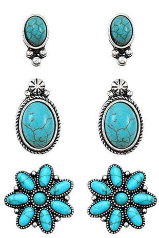 Western Concho Flower Gemstone Earring Set