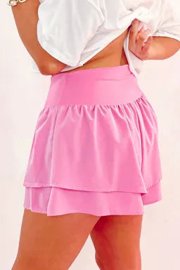 Bright Pink Crossed Waist Tiered Flowy Shorts