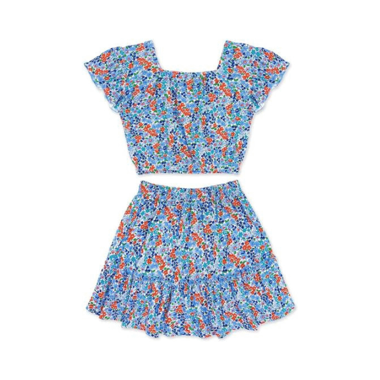 Floral Skirt Set W/ Ruffle Sleeve