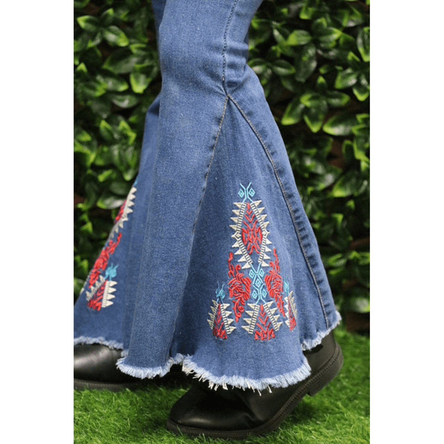 Aztec Embroidery Bootcut Denim Pants.