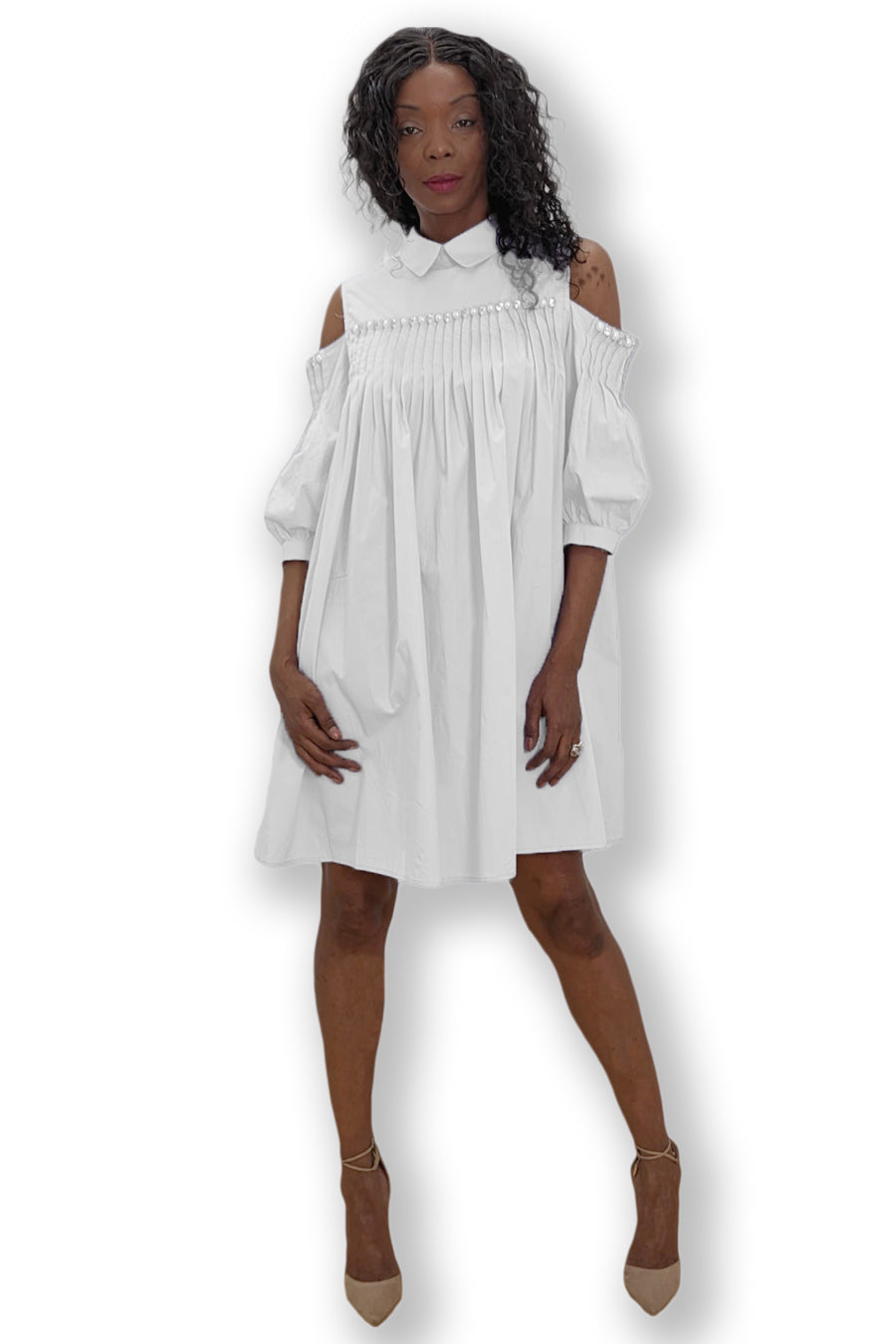 Cold Shoulder Pearls Collar Cotton Short Dress