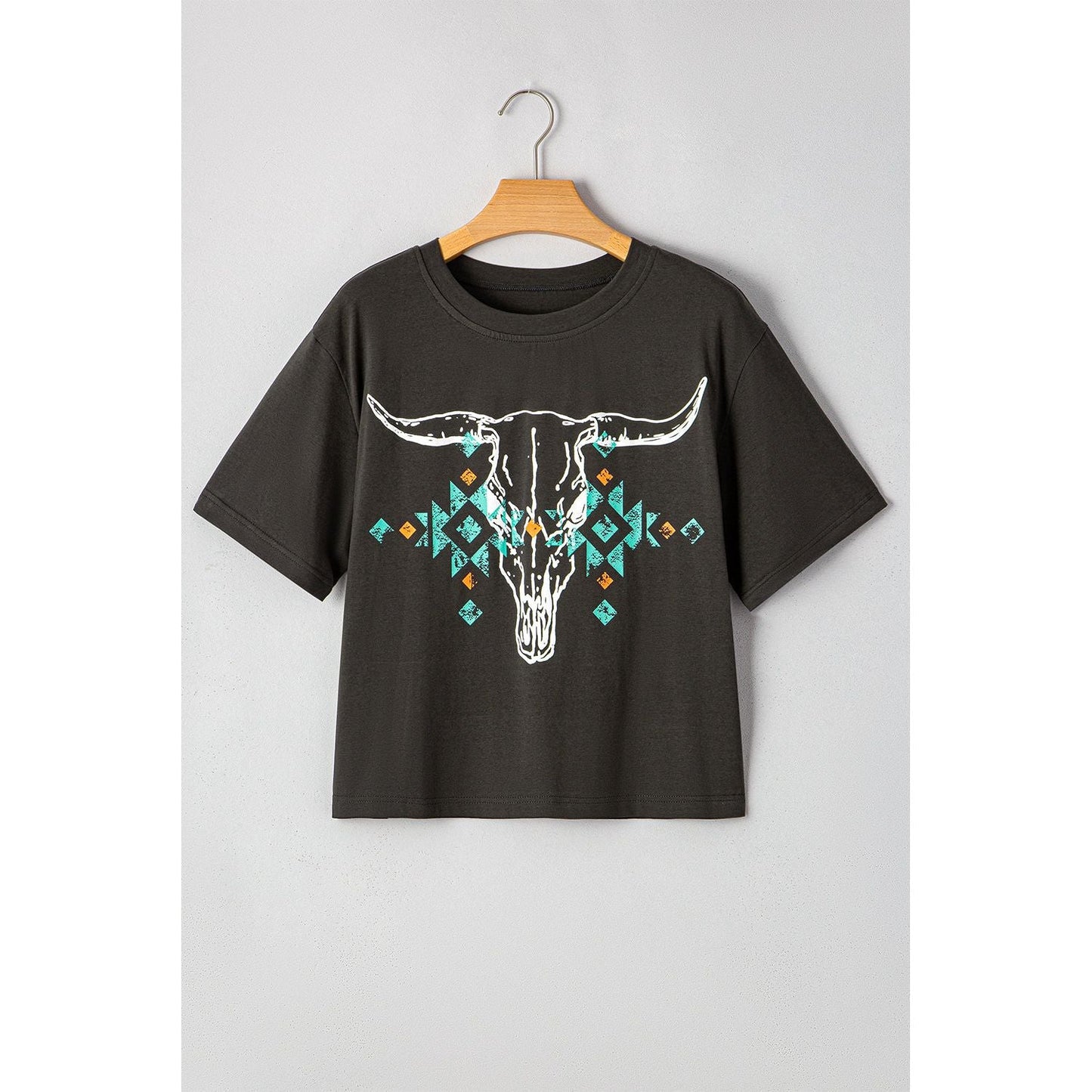 Carbon Grey Vintage Western Bull Head Skull Turquoise Aztec Graphic T Shirt