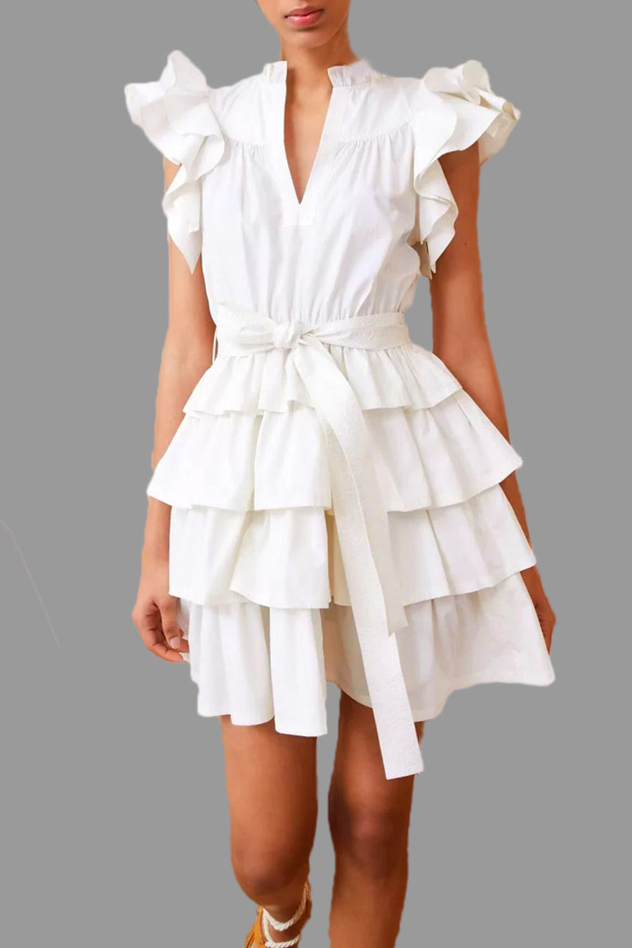 Cap Sleeve V Neck Layered Short Dress