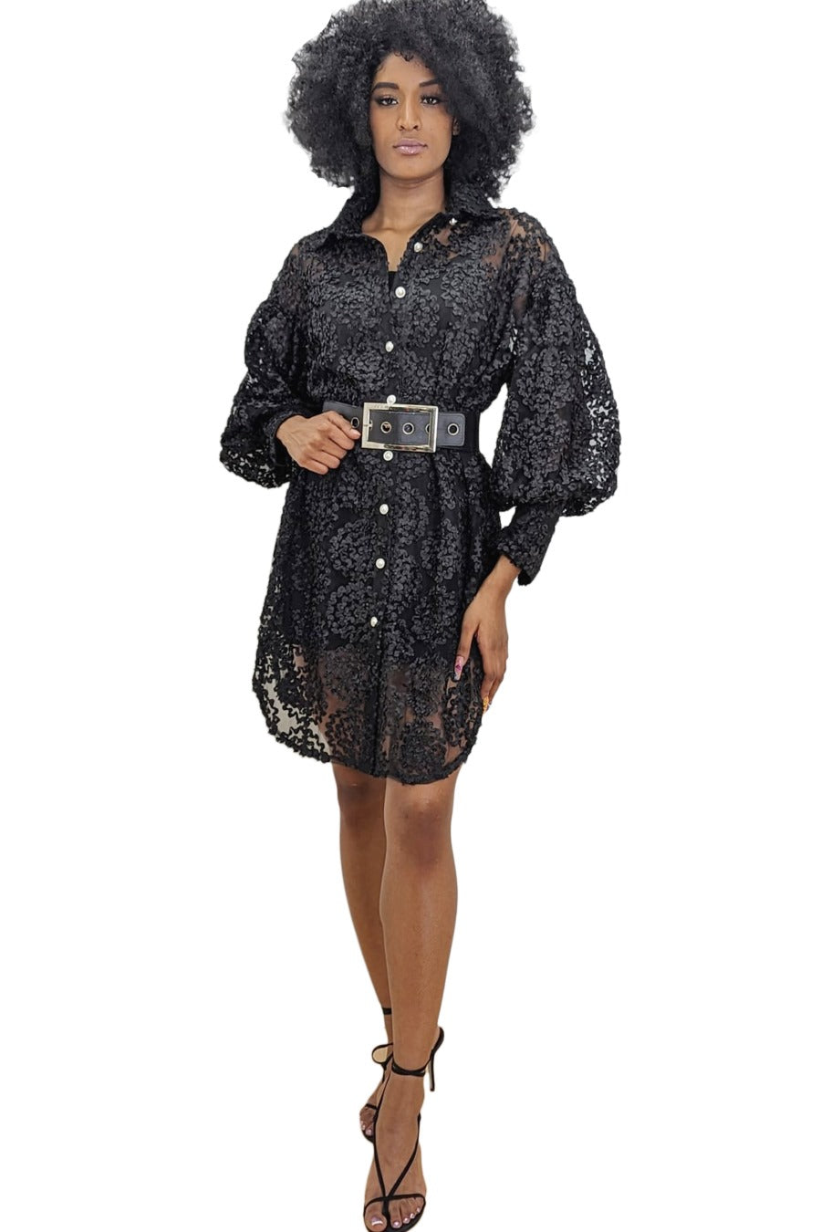 Long Sleeve Button Down Sheer Camisole Short Dress