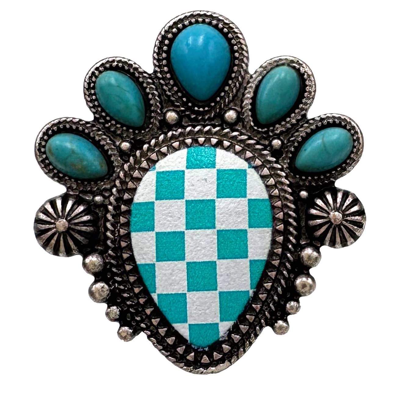 Checkered Print Western Teardrop Flower Stretch Ring