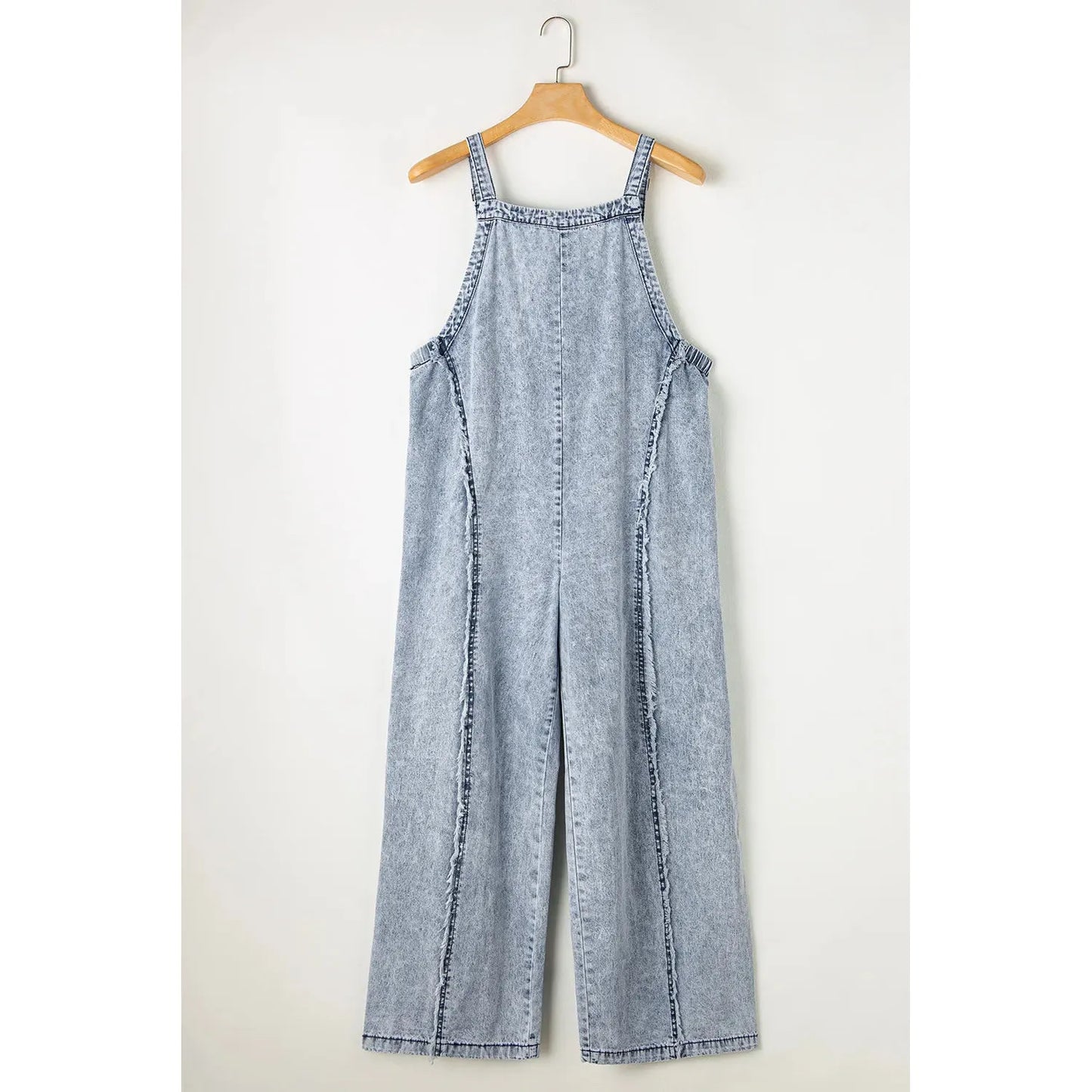 Beau Blue Light Wash Frayed Exposed Seam Wide Leg Denim Overall