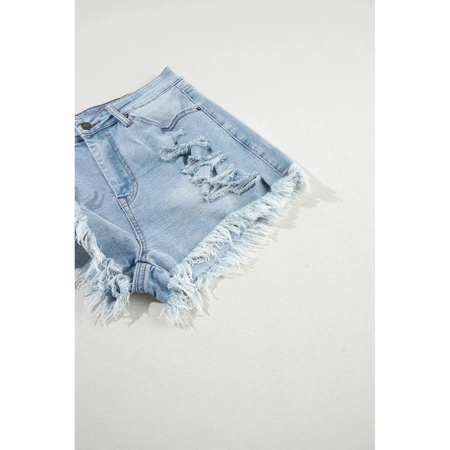 Light Blue Distressed Ripped Raw Hem High Waist Denim Shorts