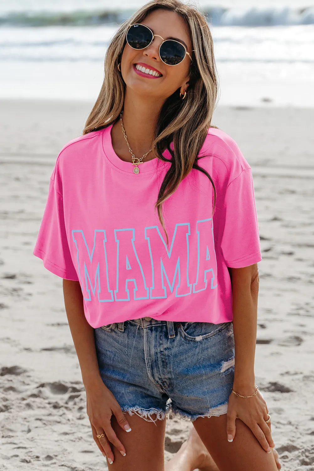 Bright Pink Mama Letter Neon T-Shirt