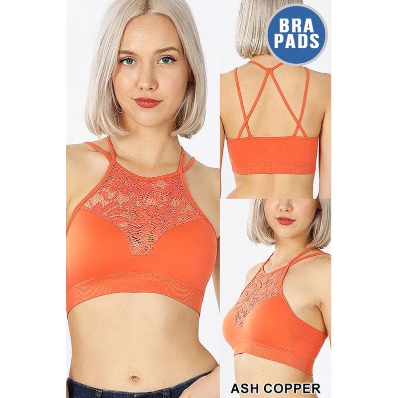 High neck lace cutout bralette with bra pads