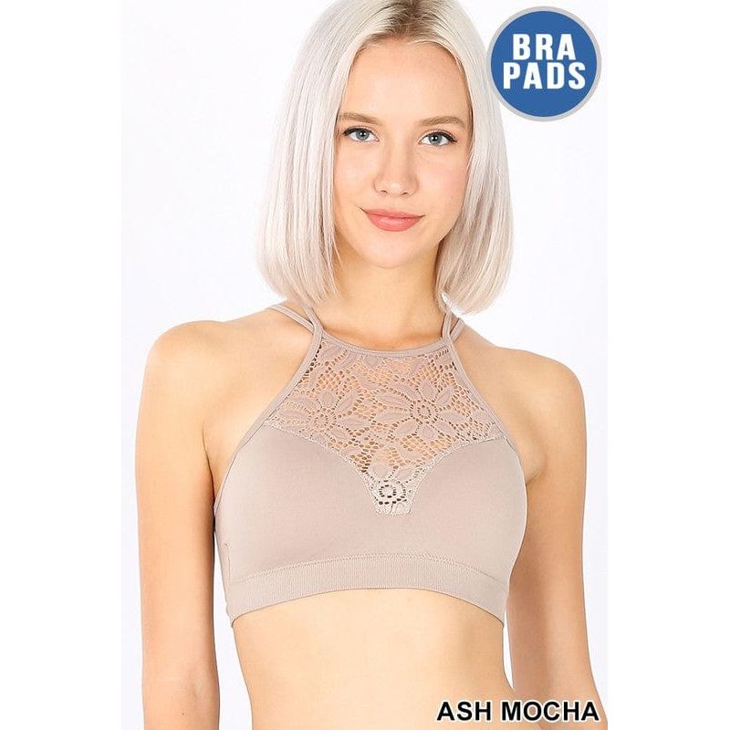 High neck lace cutout bralette with bra pads