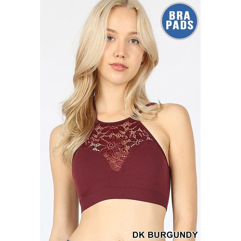 High neck lace cutout bralette with bra pads