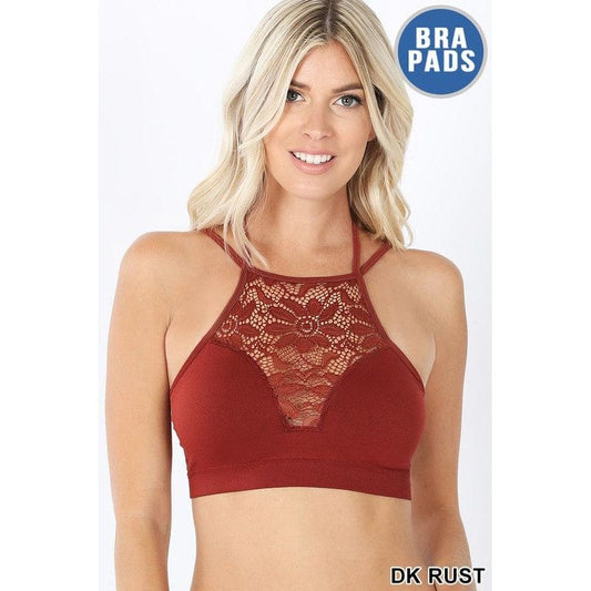 High neck lace cutout bralette with bra pads