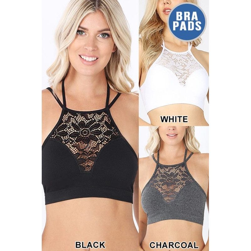 High neck lace cutout bralette with bra pads