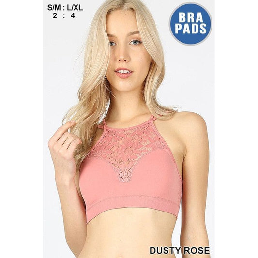 High neck lace cutout bralette with bra pads