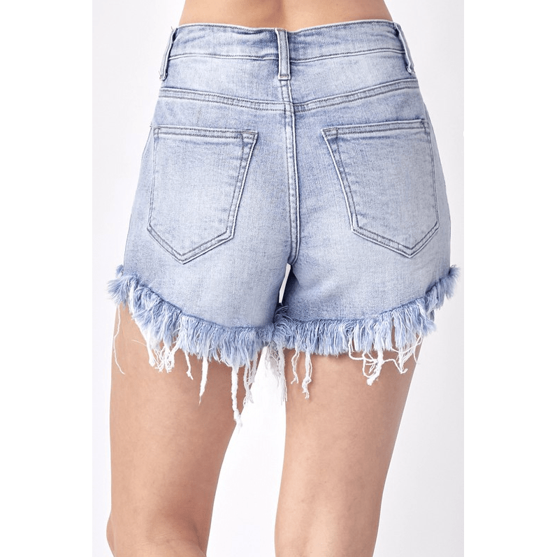 High Rise Distressed Raw Hem Shorts