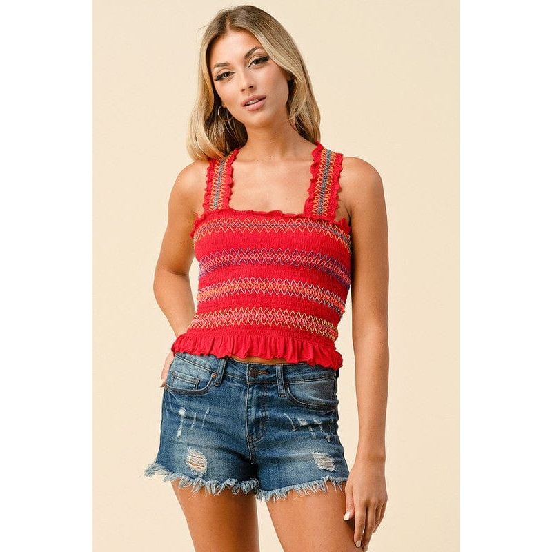 Multi-Color Stitch All Over Smocking Tank Top
