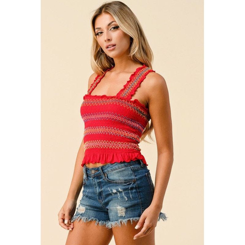 Multi-Color Stitch All Over Smocking Tank Top