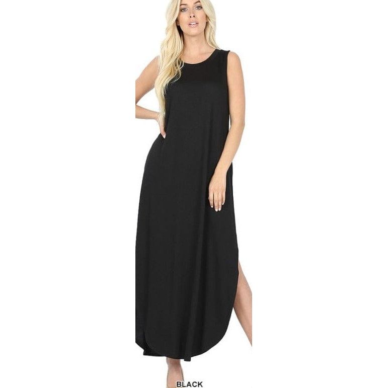 Viscose sleeveless maxi dress side slits pockets