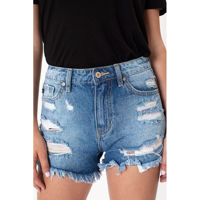 Medium wash rainbow tread shorts -kc9225m-op