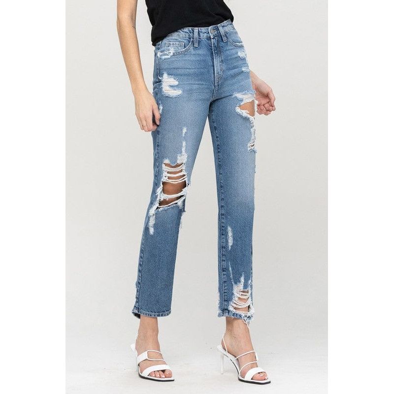 Super high rise tattered ankle straight