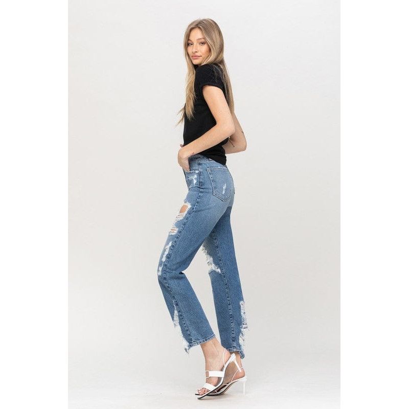 Super high rise tattered ankle straight