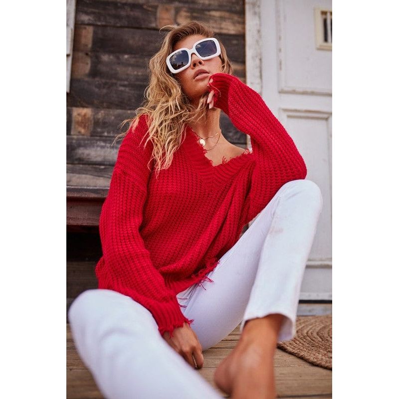 Frayed v neck sweater