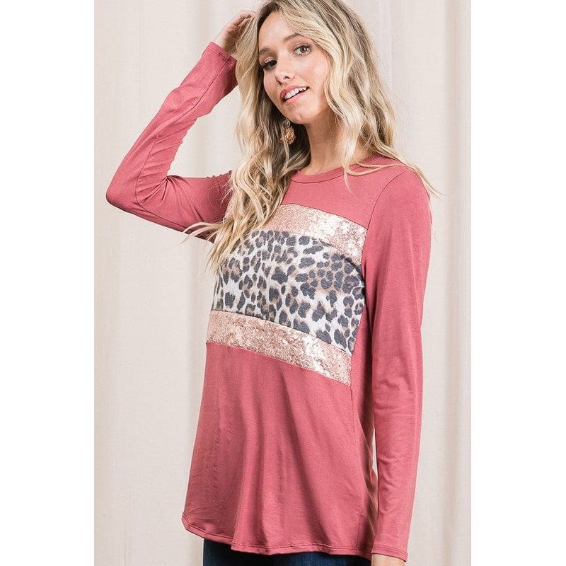 Long sleeve leopard and sequin contrast top