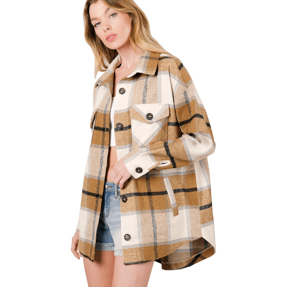 Oversized Yarn Dyed Plaid Shacket With Pockets