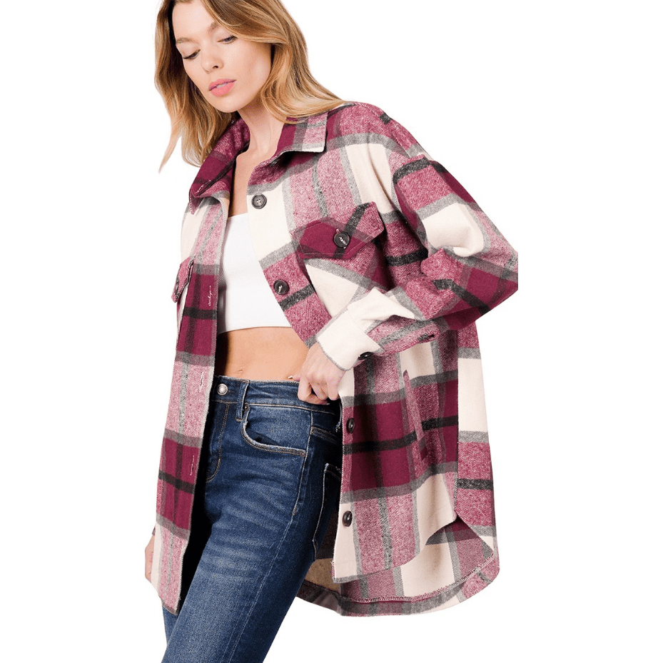Oversized Yarn Dyed Plaid Shacket With Pockets