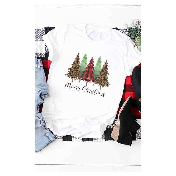 Leopard, plaid and pine merry christmas tree tee