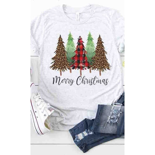 Leopard, plaid and pine merry christmas tree tee