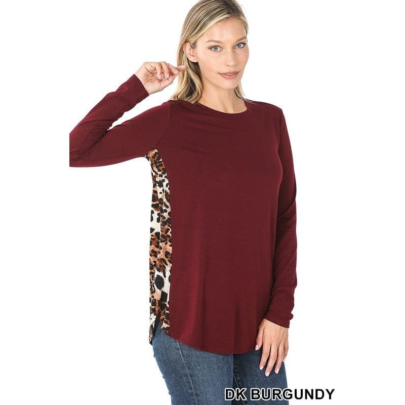 Contrast side panel leopard print long sleeve top
