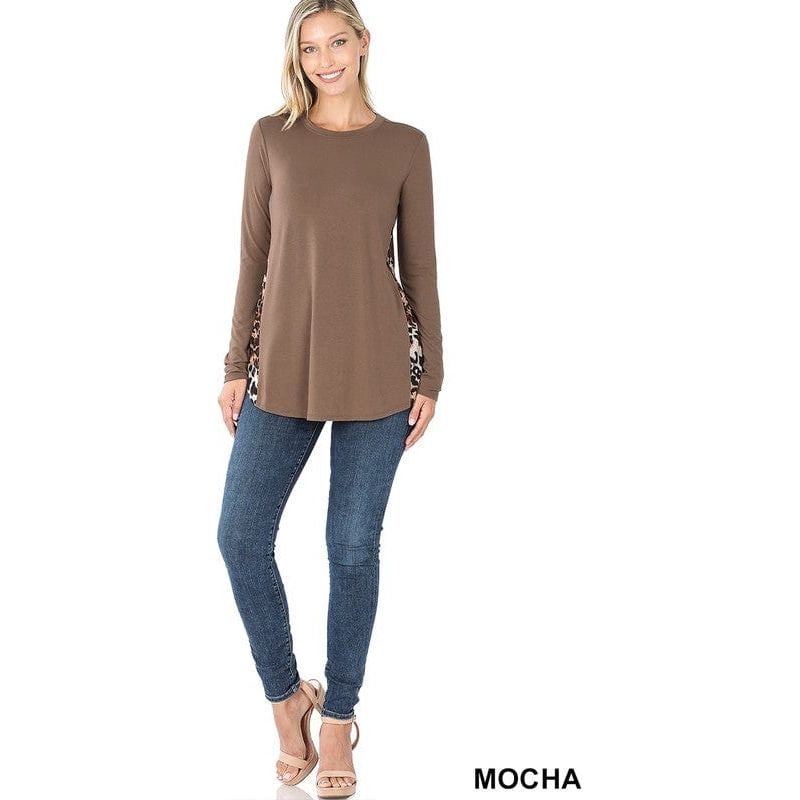 Contrast side panel leopard print long sleeve top